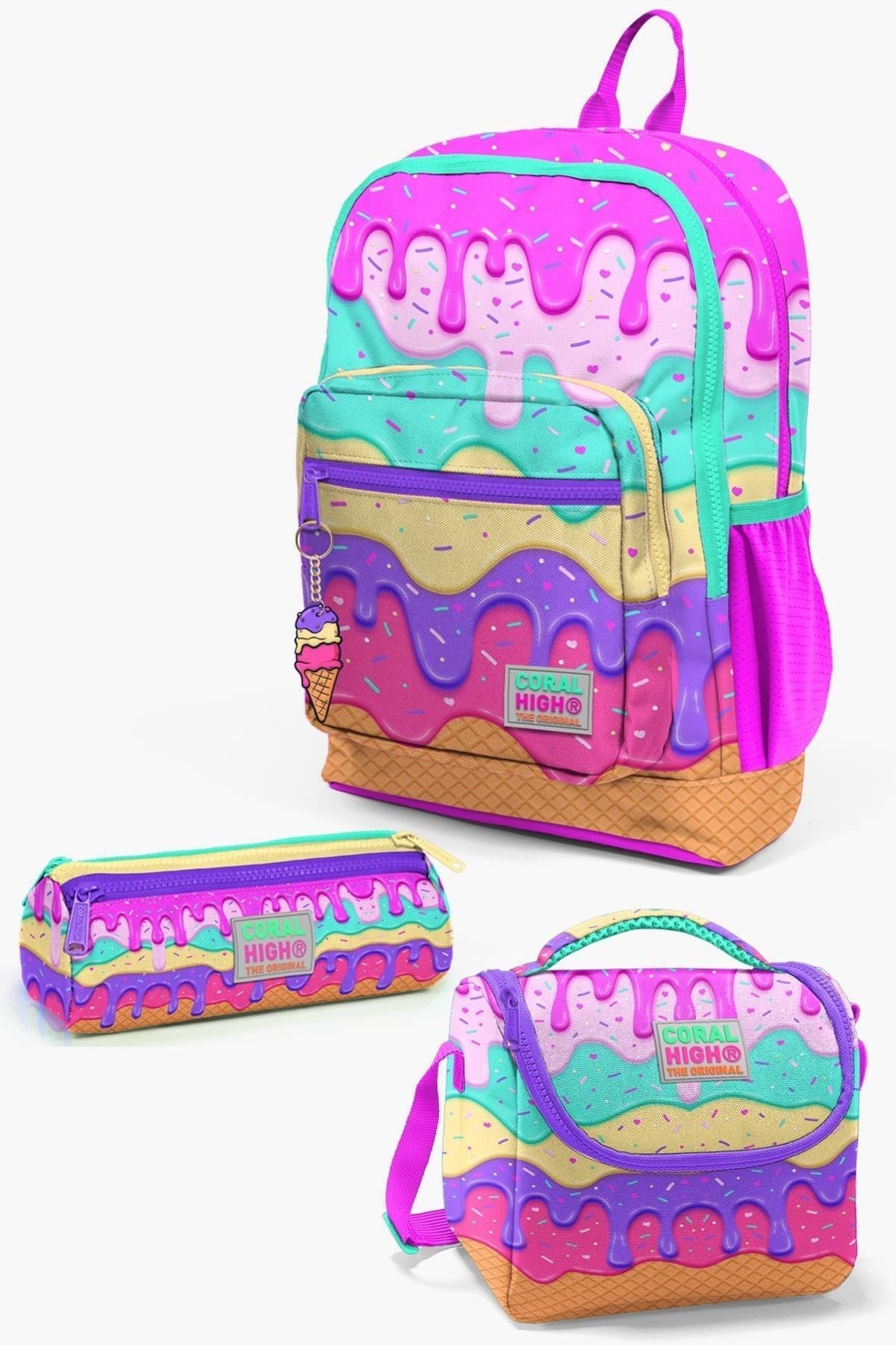 Kids Pembe Rengarenk Dondurma Desenli 3’lü Okul Çanta Seti SET0123731