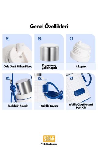 460ml Moda Waffle Çizgili Deri Kılıflı Pipetli Taşıma Askılı Paslanmaz Çelik Termos Matara Pembe