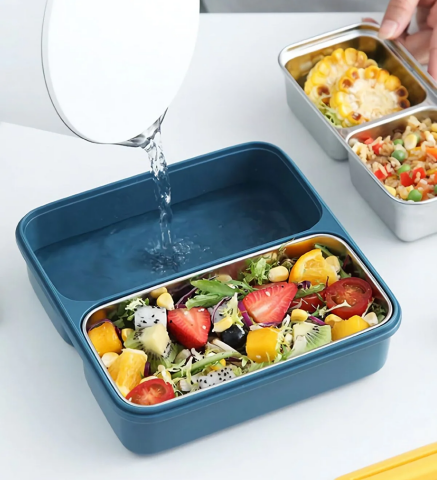 Taşınabilir Lacivert Üç Bölmeli 304 Paslanmaz Çelik Çocuk Öğrenci Ve Ofis Için Yemek Kutusu Sefer Tası 950ml