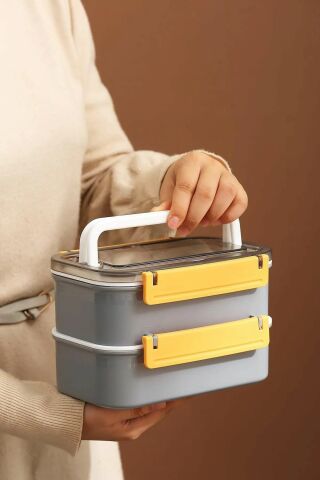 Bento Lunch Box VGN494 Gri Ofis-okul Için Yeni Nesil Sefer Tası Çift Kat 4 Bölme Paslanmaz Çelik F494