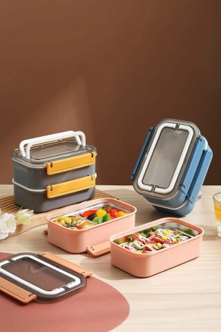 Bento Lunch Box VGN494 Gri Ofis-okul Için Yeni Nesil Sefer Tası Çift Kat 4 Bölme Paslanmaz Çelik F494