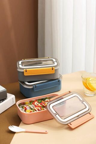Bento Lunch Box VGN494 Gri Ofis-okul Için Yeni Nesil Sefer Tası Çift Kat 4 Bölme Paslanmaz Çelik F494