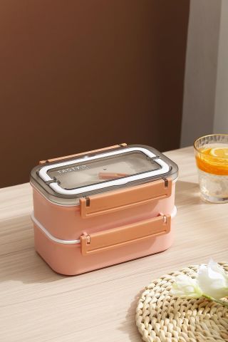 Bento Lunch Box Ofis-okul Için Yeni Nesil Sefer Tası Çift Kat 4 Bölme Paslanmaz Çelik F494 Pembe