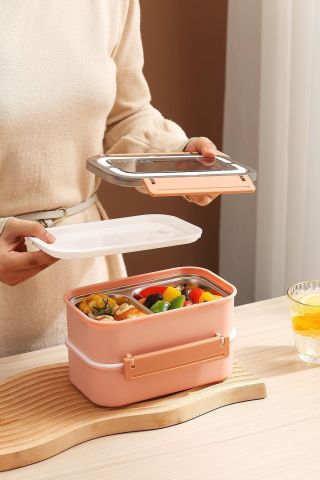 Bento Lunch Box Ofis-okul Için Yeni Nesil Sefer Tası Çift Kat 4 Bölme Paslanmaz Çelik F494 Pembe