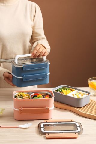 Bento Lunch Box Ofis-okul Için Yeni Nesil Sefer Tası Çift Kat 4 Bölme Paslanmaz Çelik F494 Pembe