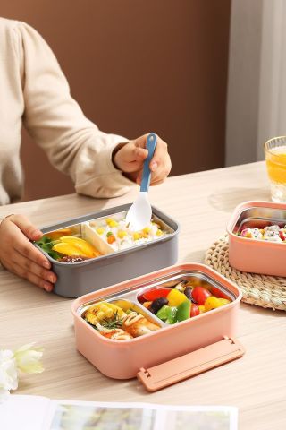 Bento Lunch Box Ofis-okul Için Yeni Nesil Sefer Tası Çift Kat 4 Bölme Paslanmaz Çelik F494 Pembe