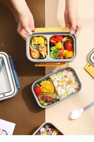 Bento Lunch Box Ofis-okul Için Yeni Nesil Sefer Tası Çift Kat 4 Bölme Paslanmaz Çelik F494 Pembe