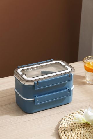 Bento Lunch Box Ofis-okul Için Yeni Nesil Sefer Tası Çift Kat 4 Bölme Paslanmaz Çelik F494 Mavi