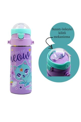 Pipetli Çelik Matara MT-2635 Kedi Desenli 550 Ml