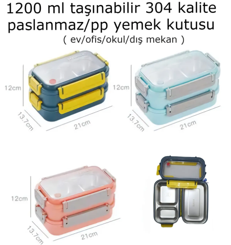 Taşınabilir Üç Bölmeli 304 Paslanmaz Çelik Çocuk Öğrenci Ve Ofis Için Yemek Kutusu Sefer Tası 1200ml