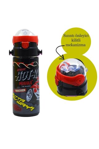 Pipetli Çelik Matara MT-2635 Araba Desenli Siyah 550 Ml