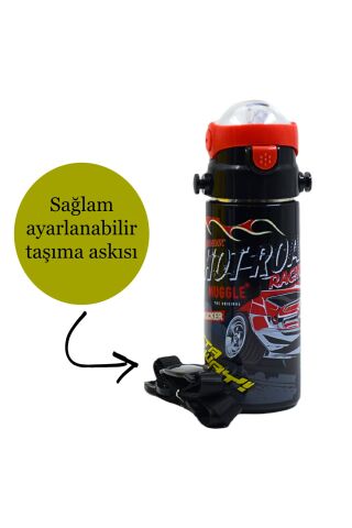 Pipetli Çelik Matara MT-2635 Araba Desenli Siyah 550 Ml