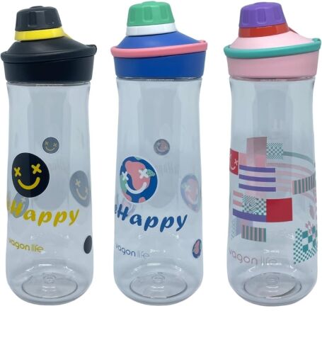 Vagonlife 650ML VGN0808 Döndürülerek Açılan Rahat Kapaklı Kulplu Desenli Gövde Polikarbon Su Matarası (Siyah)