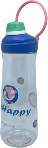 Vagonlife 650ML VGN0808 Döndürülerek Açılan Rahat Kapaklı Kulplu Desenli Gövde Polikarbon Su Matarası (Mavi-Pembe)