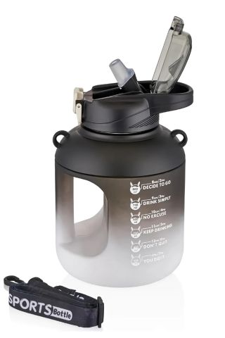 Vagonlife 1100 Ml Çift Renk Pipetli Taşıma Askılı ve kulplu Motivasyon Su Matarası Sticker Hediyeli vgn2302-SİYAH