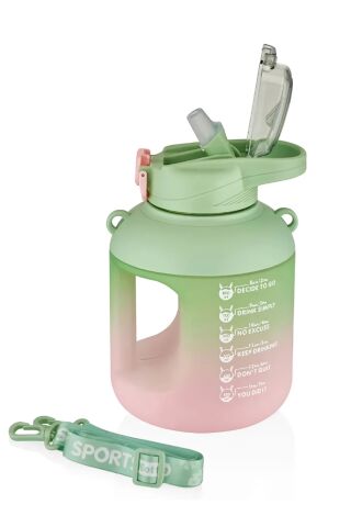 Vagonlife 1100 Ml Çift Renk Pipetli Taşıma Askılı ve kulplu Motivasyon Su Matarası Sticker Hediyeli vgn2302-YEŞİL