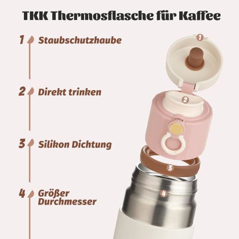 Vagonlife TKK Termos Kupa T-2007 450 ml Pembe Kupası, Paslanmaz Çelik, Çift Duvarlı, Yalıtımlı, Sızdırmaz- Kahve ve Çay için Kahve Bardağı