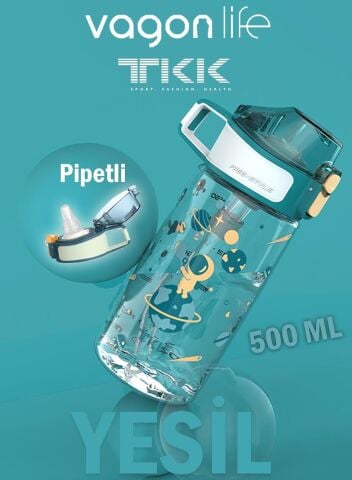 Vagonlife TKK T-3002 Yeşil 500ml Desenli Kalın Isırılamaz Matara