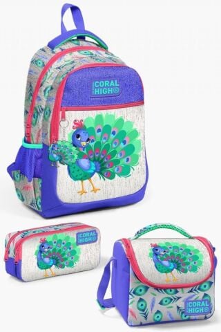 Kids Gümüş Lavanta Tavus Kuşu Desenli 3’lü Okul Çanta Seti - Kız Çocuk