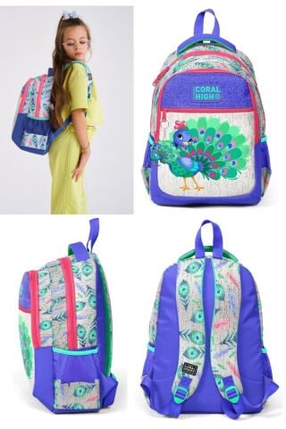 Kids Gümüş Lavanta Tavus Kuşu Desenli 3’lü Okul Çanta Seti - Kız Çocuk