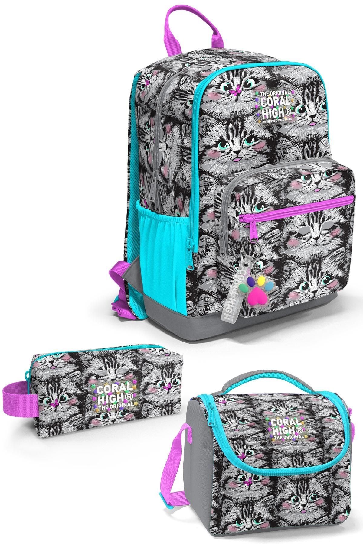 YAYGAN Coral High Gri Kedi Desenli 3’lü Okul Çanta Seti 23638-MİX3