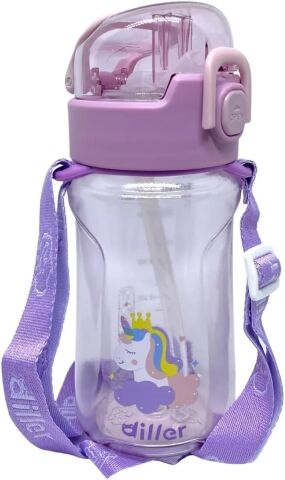 Diller 550ml Pipetli Askılı Hayvan Desenli Tritan Su Matarası (Mor)