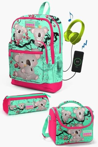 Kids Su Yeşili Neon Mercan Koala Desenli USB'li 3’lü Okul Çanta Seti SET0123813