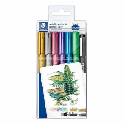 Staedler Metalik Markör 6´lı+Pigment Liner Siyah