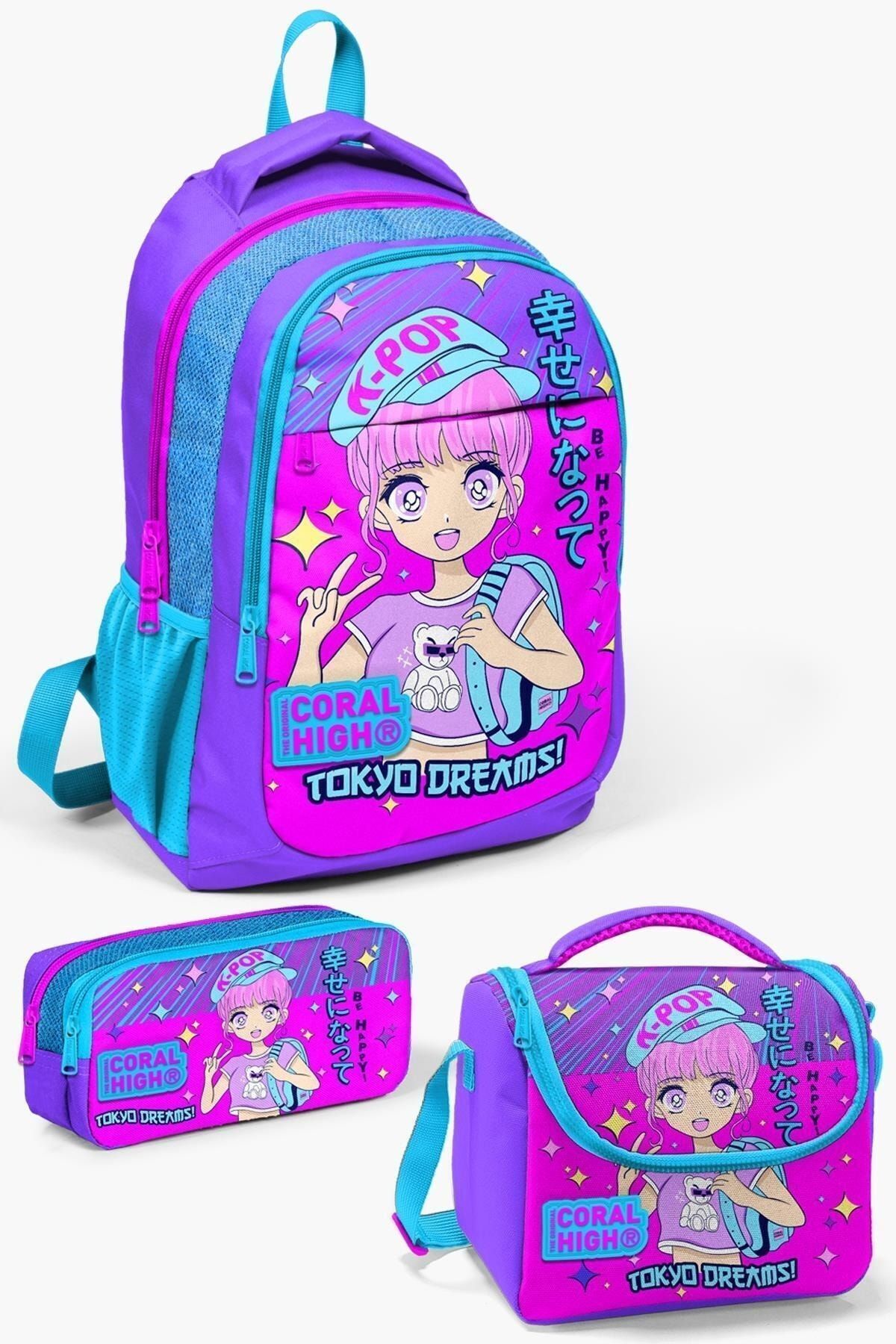 Kids 14403 Mor Pembe Mavi Simli K-Pop Desenli 3’lü Okul Çanta Seti