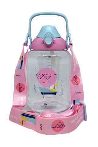 Vagonlife Uzspace VGN2204 1500ML Pembe-Mavi Cute Tek Kapak Çift Kullanım Pipetli/Pipetsiz Askı Aparatlı Tritan Su Matarası