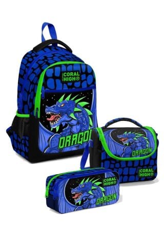Erkek Üç Bölmeli Okul Sırt Çantası Beslenme Çantası Ve Kalemlik Seti Mavi Yeşil Dragon