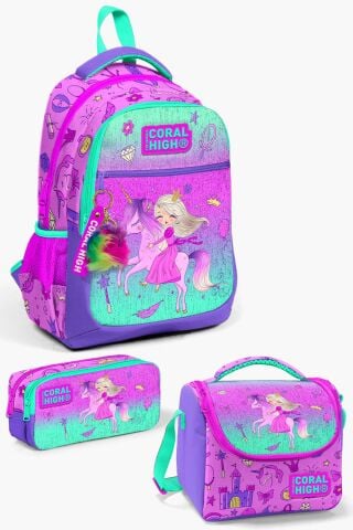 Kids Açık Pembe Mor Unicornlu Prenses Desenli 3’lü Okul Çanta Seti SET0123481