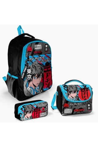 Kids Siyah Mavi Anime Desenli 3’lü Okul Çanta Seti SET0123666