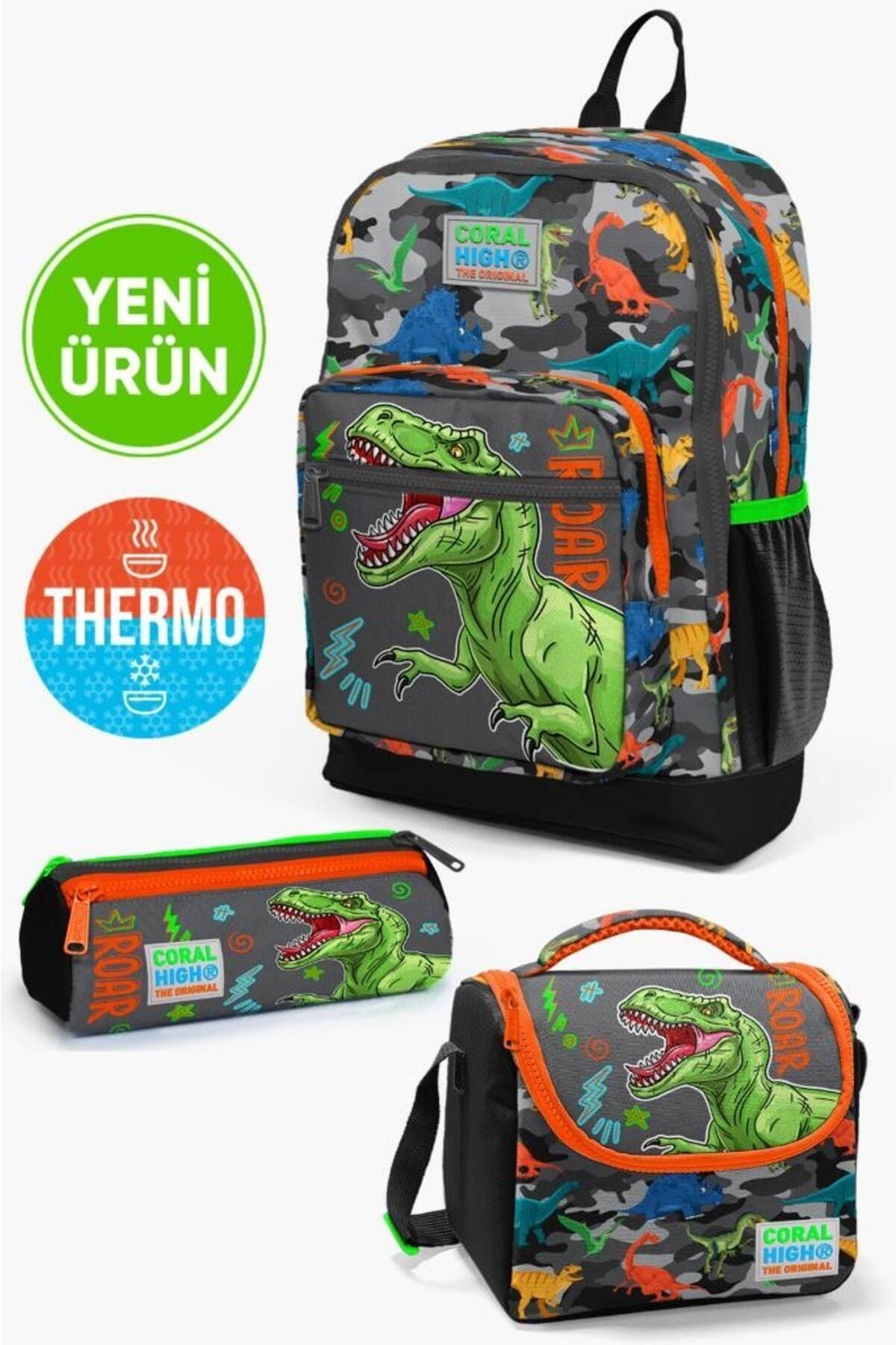 Kids Siyah Gri Dinozor Desenli Kalemlik,Beslenme,3’lü Okul Çanta Seti GOSET0123744