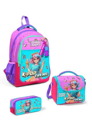 Kids Pembe Turkuaz K-Pop Desenli 3 lü Okul Çanta Seti SET0114427