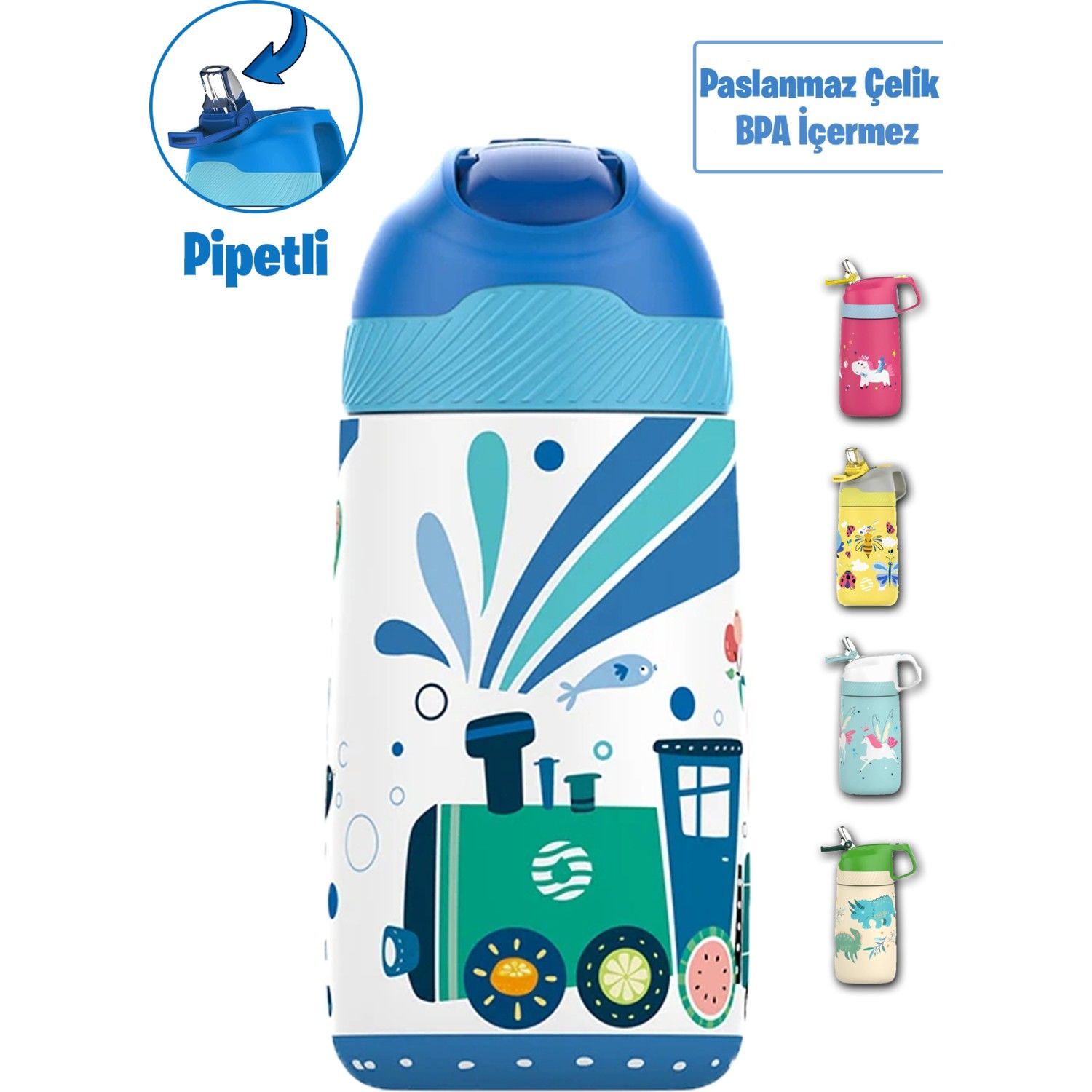 Vagonlife VGN2055 Mavi Tren 350ML Pipetli Çelik Termos Matara