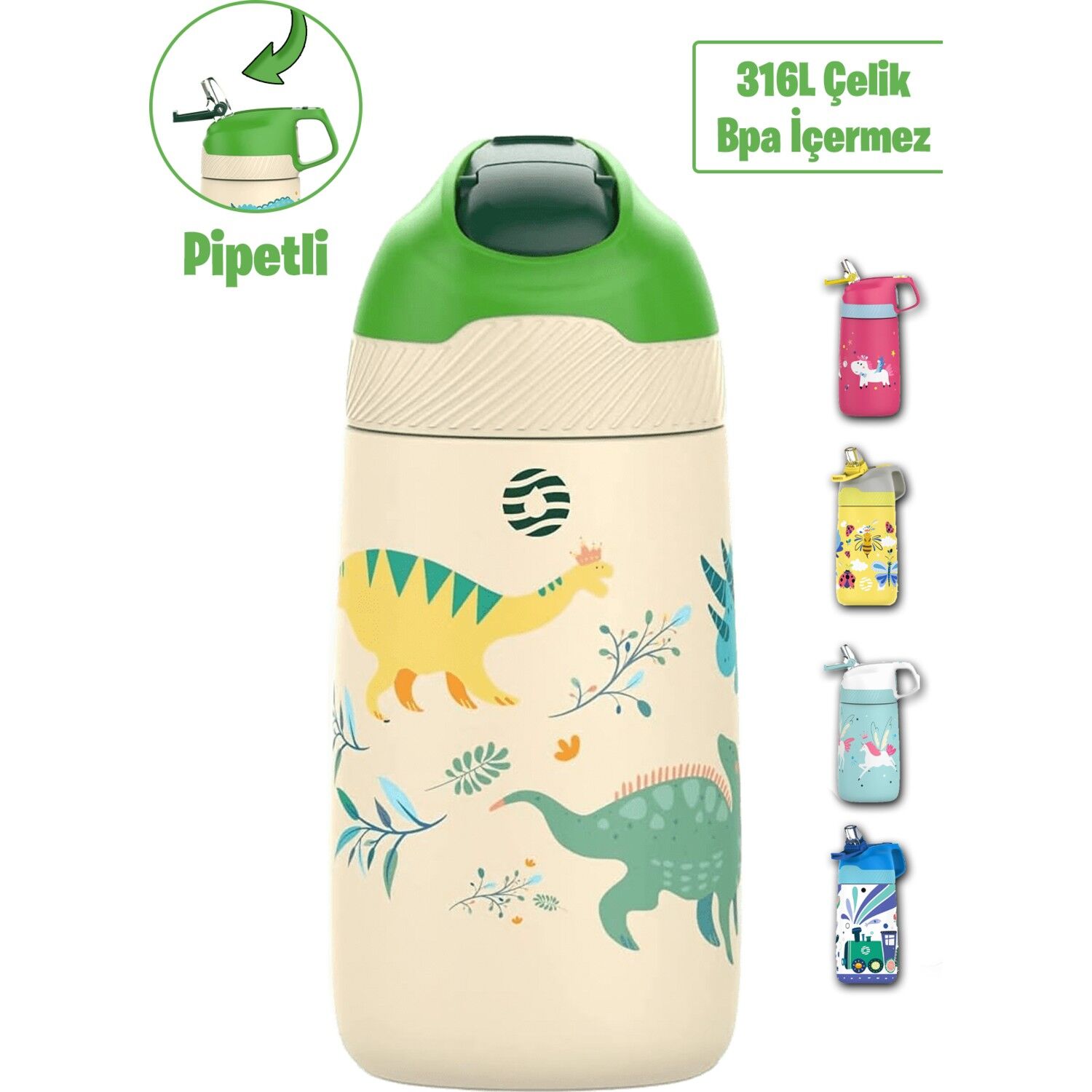 Vagonlife VGN2055 Yeşil Dinazor 350ML Pipetli Çelik Termos Matara
