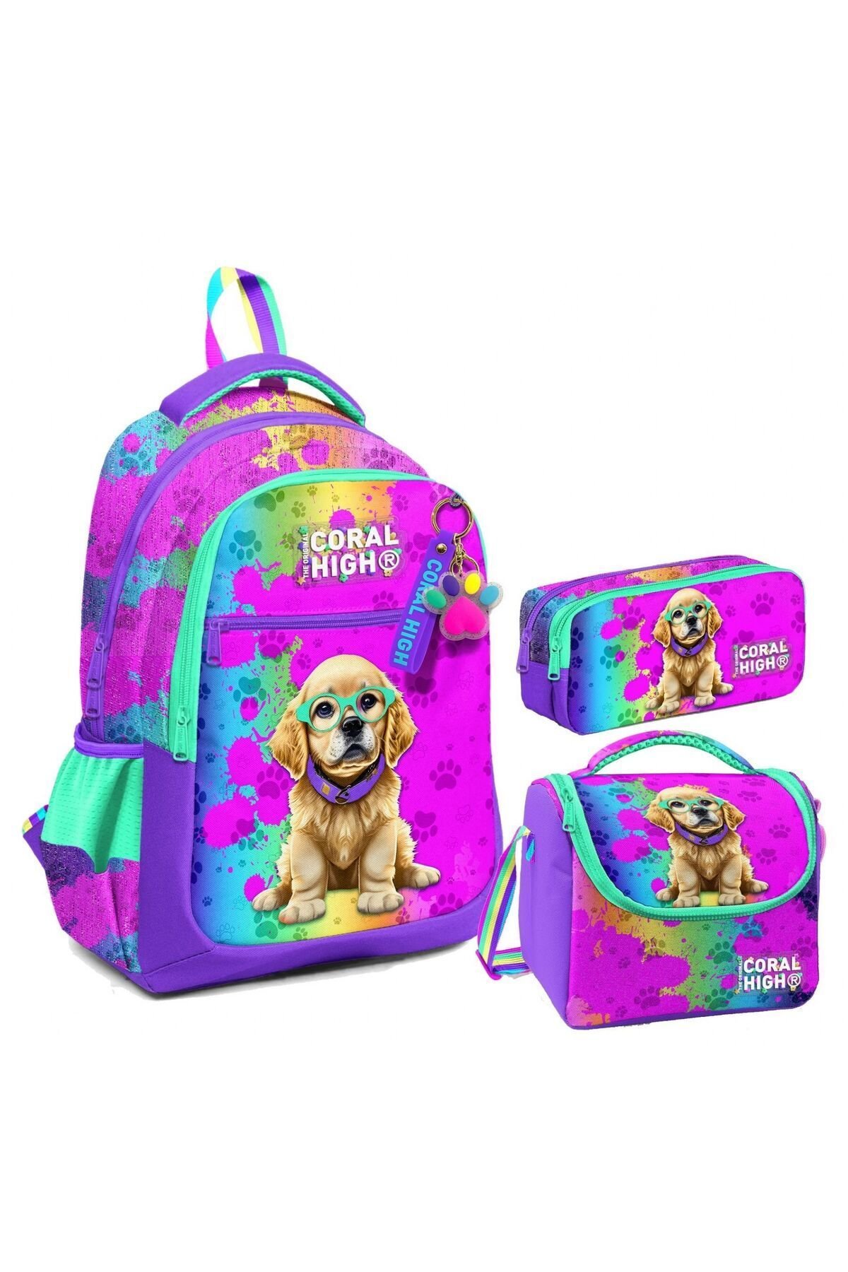 Kız Çocuk Üç Gözlü İlkokul Çanta Seti - Mor Pembe Köpek Desenli
