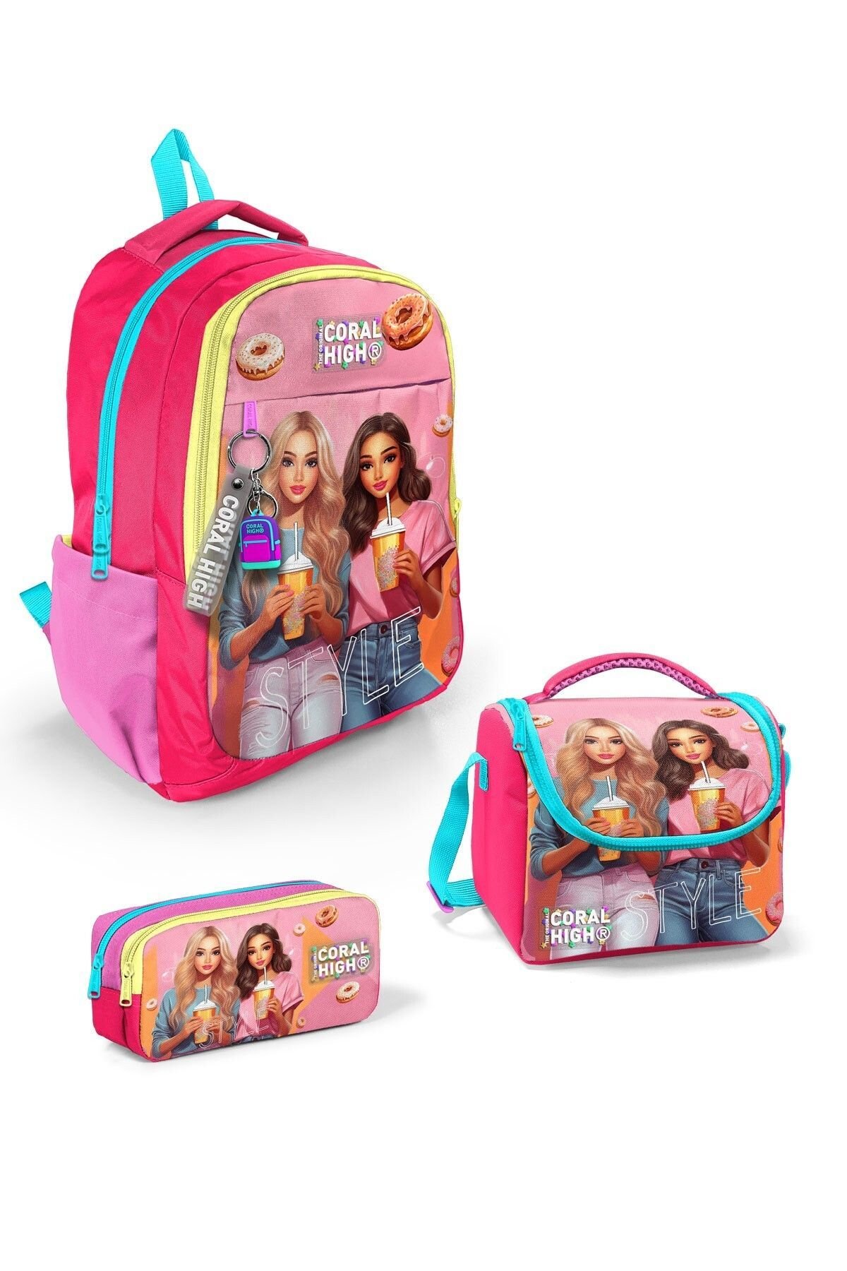 Kids Pembe Neon Mercan Fashion Girl Desenli 3 lü Okul Çanta Seti SET0123669