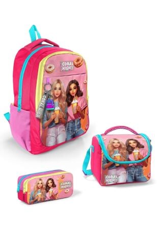 Kids Pembe Neon Mercan Fashion Girl Desenli 3 lü Okul Çanta Seti SET0123669