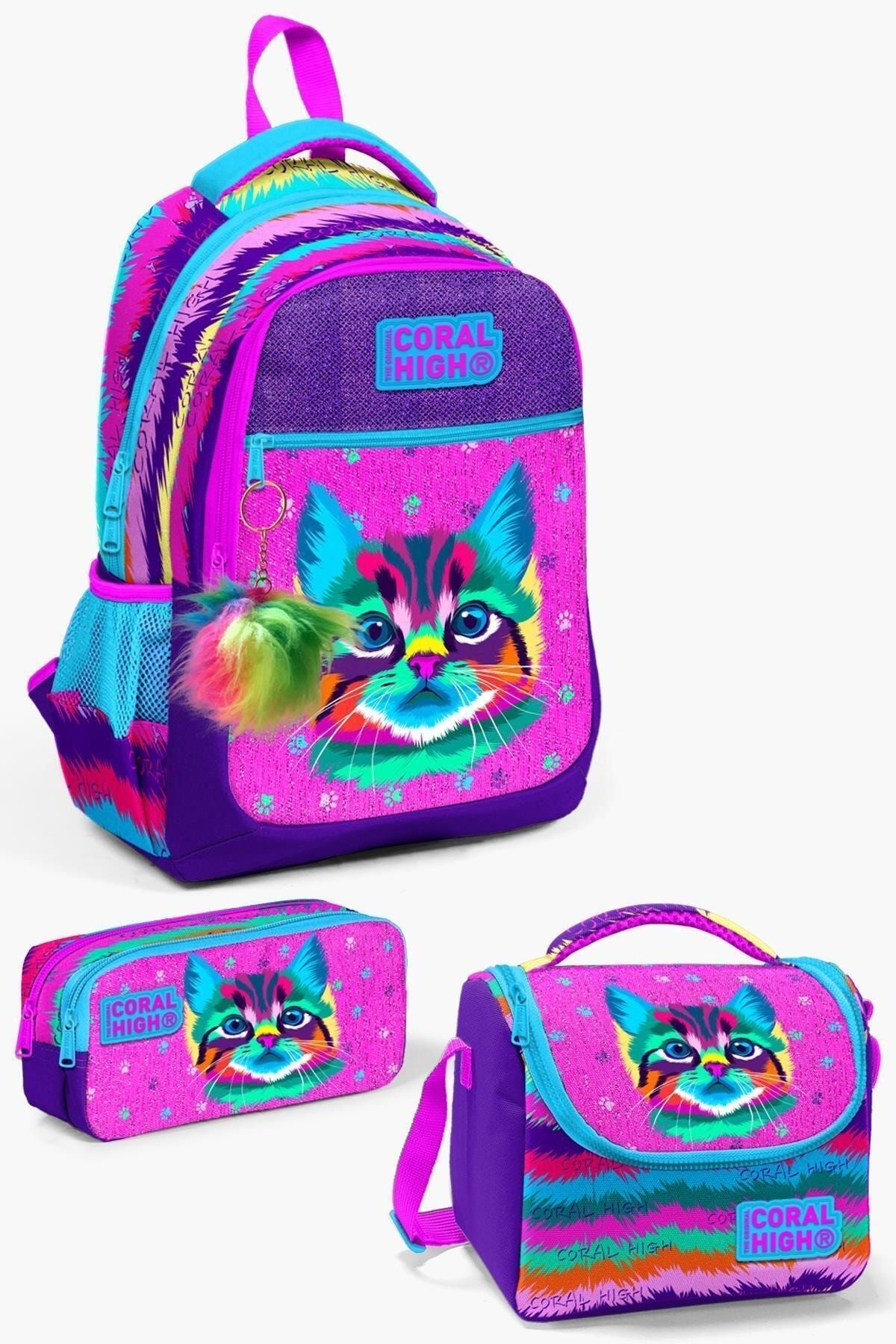 Kıds Mor Pembe Kedi Desenli 3’lü Okul Çanta Seti SET0123477