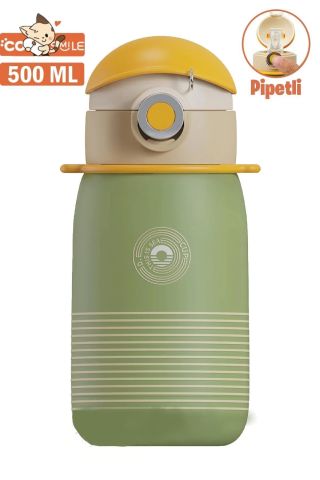 Vagonlife Cocosmile 500ml Yeni Koleksiyon Çizgi Desenli Pipetli Askılı Çelik Termos Çocuk Matarası Yeşil SM-CS-0003
