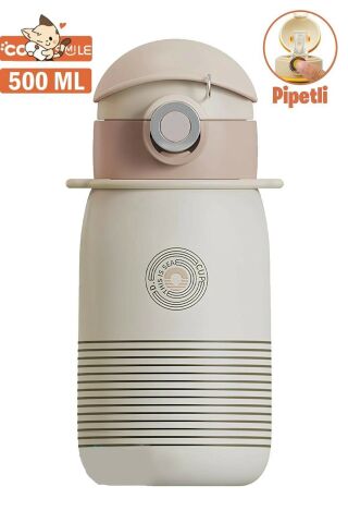 Vagonlife Cocosmile 500ml Yeni Koleksiyon Çizgi Desenli Pipetli Askılı Çelik Termos Çocuk Matarası Krem SM-CS-0003