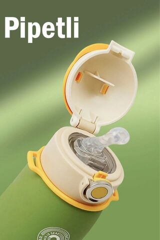 Vagonlife Cocosmile 500ml Yeni Koleksiyon Çizgi Desenli Pipetli Askılı Çelik Termos Çocuk Matarası Krem SM-CS-0003