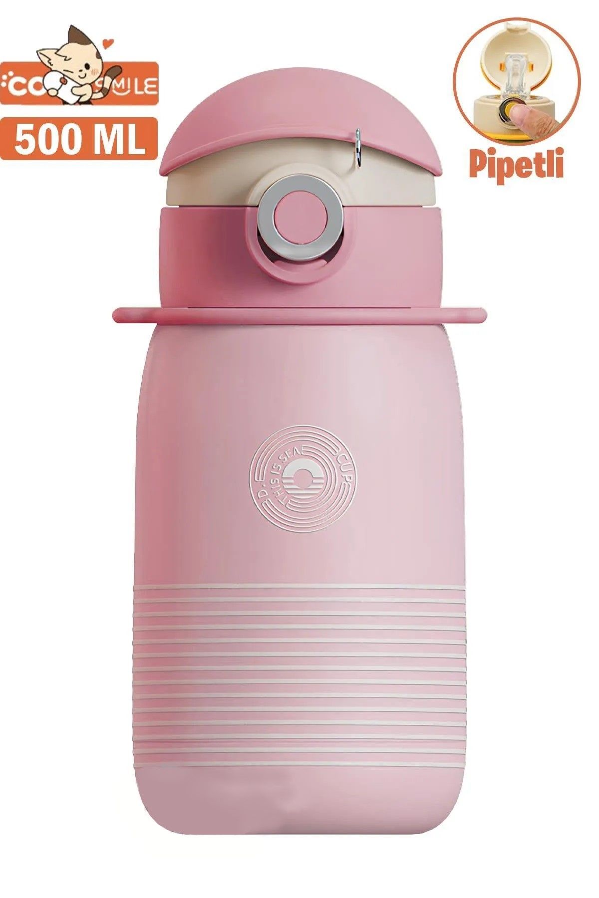 Vagonlife Cocosmile 500ml Yeni Koleksiyon Çizgi Desenli Pipetli Askılı Çelik Termos Çocuk Matarası Pembe SM-CS-0003
