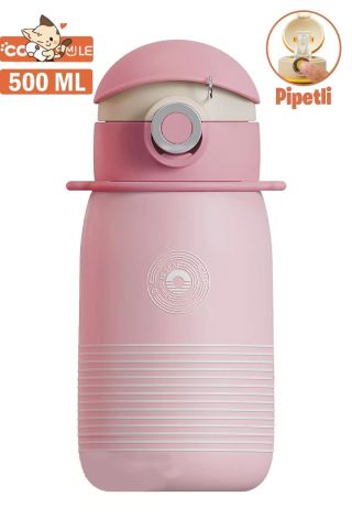 Vagonlife Cocosmile 500ml Yeni Koleksiyon Çizgi Desenli Pipetli Askılı Çelik Termos Çocuk Matarası Pembe SM-CS-0003