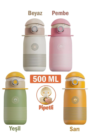 Vagonlife Cocosmile 500ml Yeni Koleksiyon Çizgi Desenli Pipetli Askılı Çelik Termos Çocuk Matarası Pembe SM-CS-0003