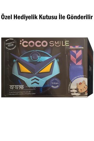 CocoSmile Özel Kutulu 630 ML Pipetli Robot Temalı Tritan Su Matarası -Boyun Askılı Mavi