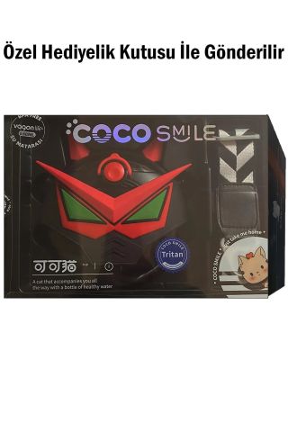 CocoSmile Özel Kutulu 630 ML Pipetli Robot Temalı Tritan Su Matarası -Boyun Askılı Siyah