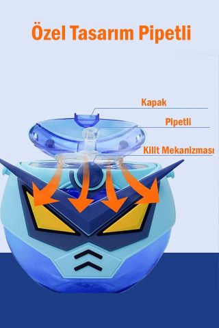 CocoSmile Özel Kutulu 630 ML Pipetli Robot Temalı Tritan Su Matarası -Boyun Askılı Siyah
